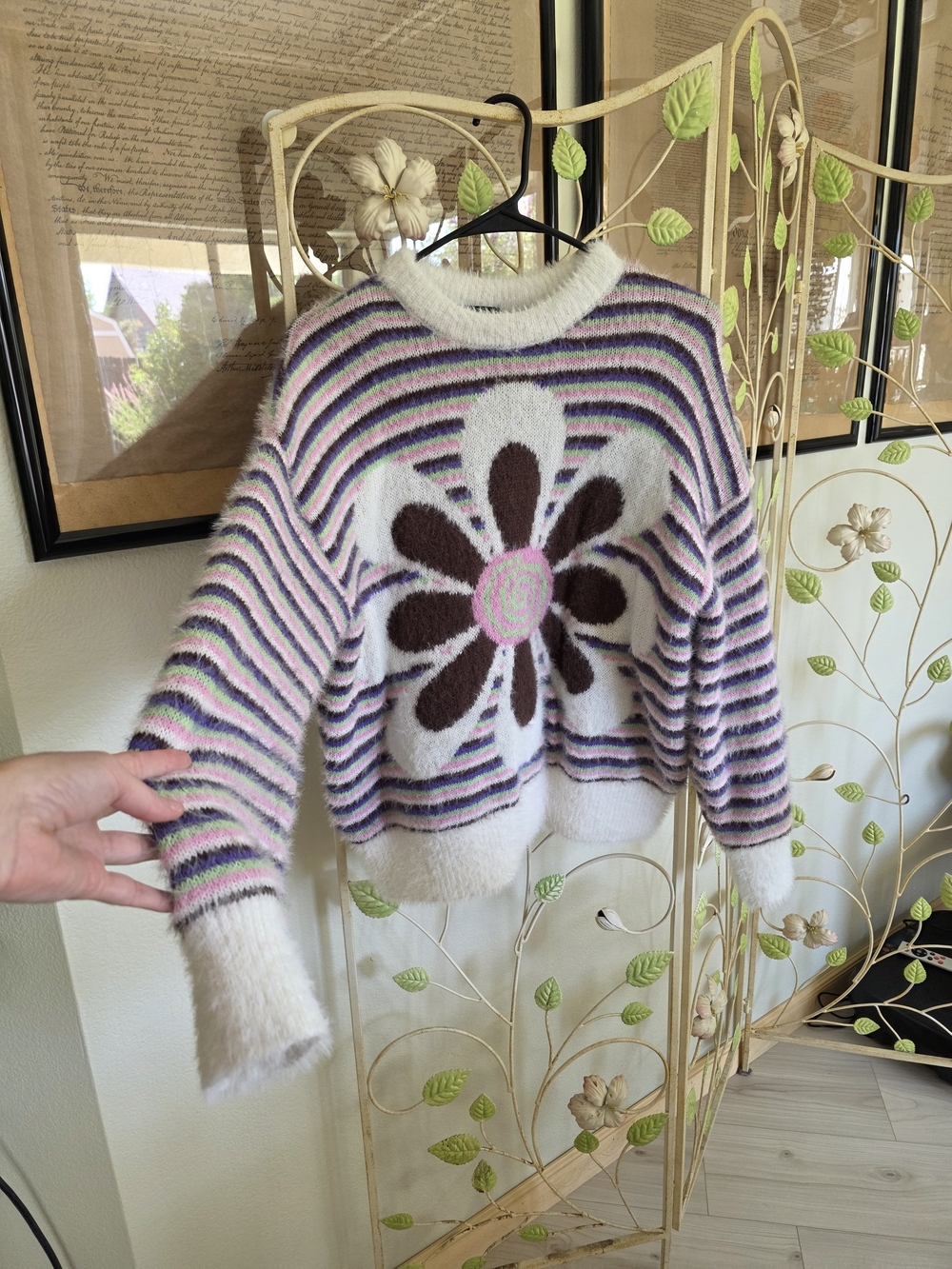 Forever 21 White Fuzzy Floral Stripe Crewneck Sweater